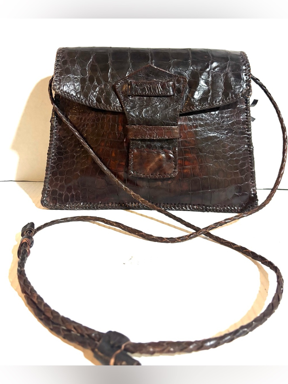 Handmade vintage Brown crocodile Leather Crossbody Bag